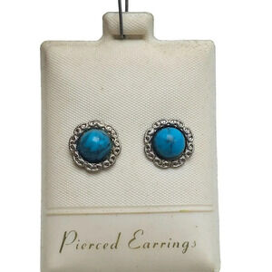 Blue Faux Turquoise Round Flower Pierced Studs Earrings Silver Tone Vintage NOS